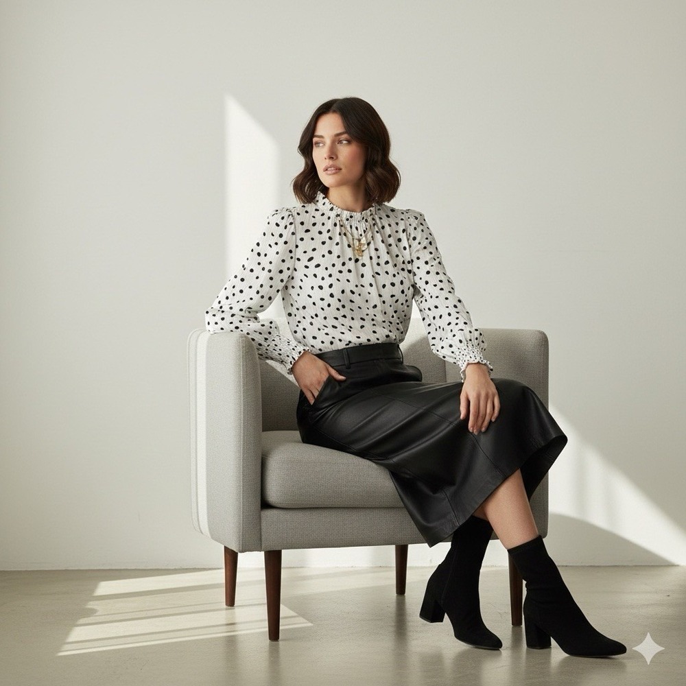 Maison d'Amélie Paris Dalmatian Dot Blouse Large Ruffle Mock Neck Smocked Cuff L - Picture 3 of 16